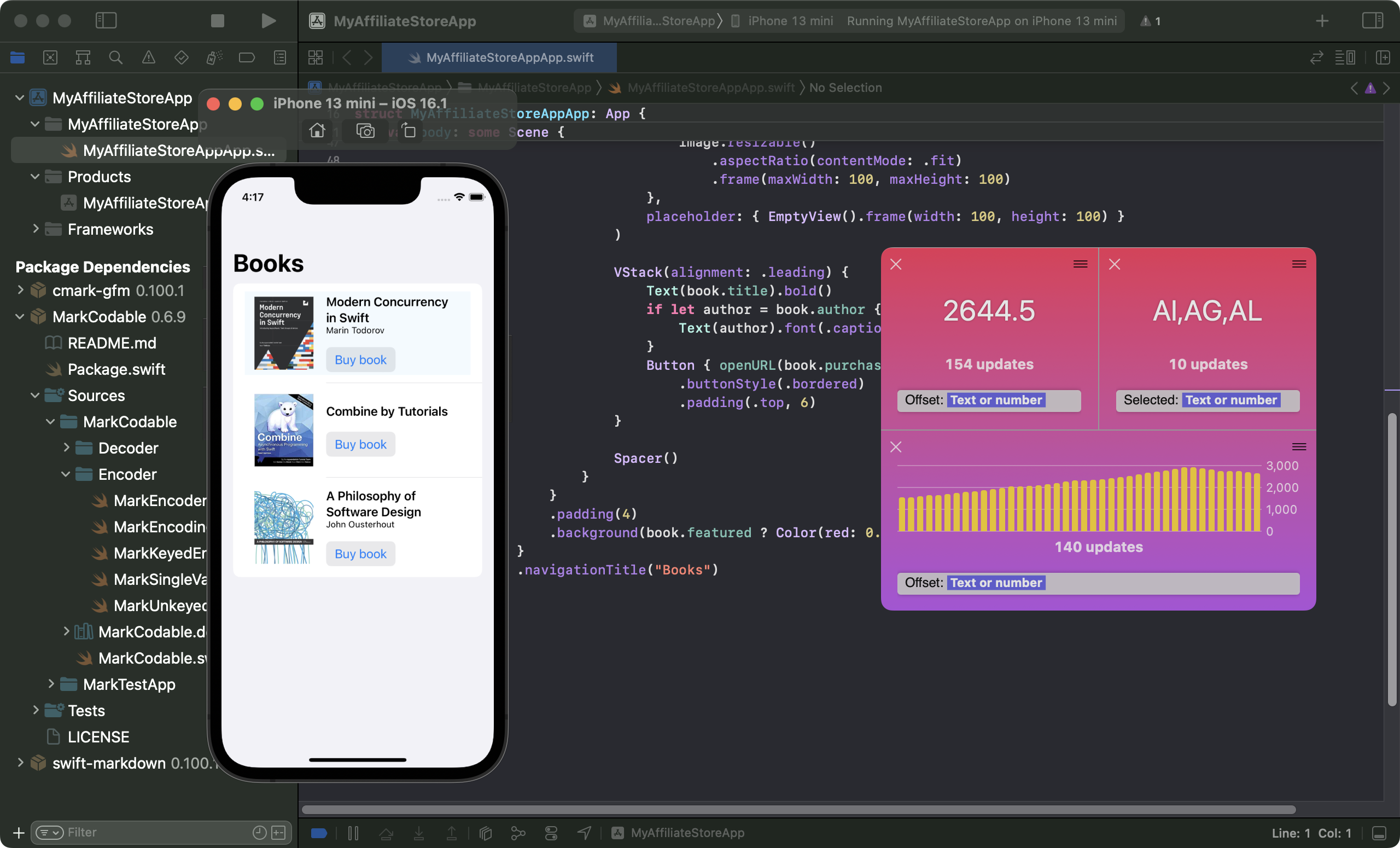 Xcode and a running iPhone Simulator alongside a NAME window